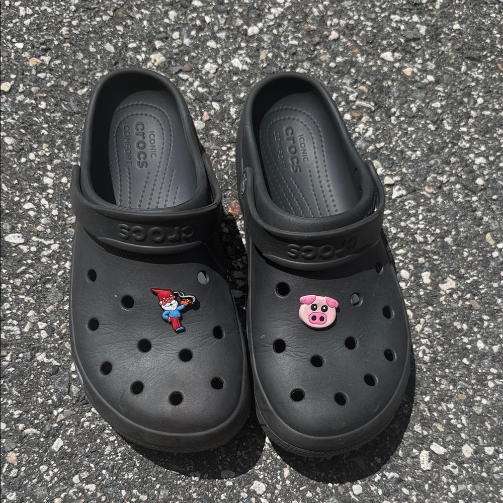 CROCS Black Clogs with Red & Pink Charms